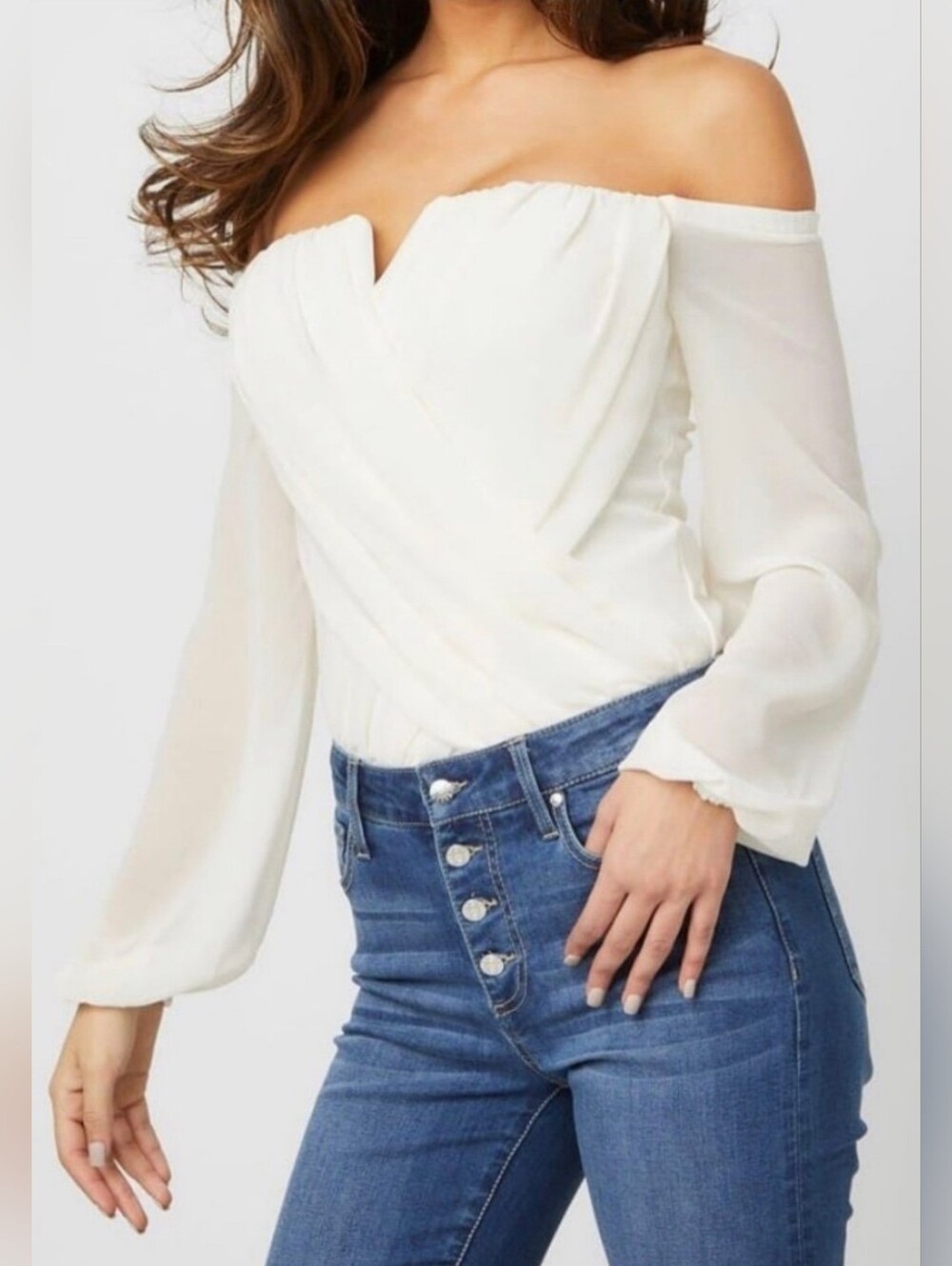 Guess White Off-Shoulder Long Sleeve Chiffon Bodysuit - Women's XS Tops